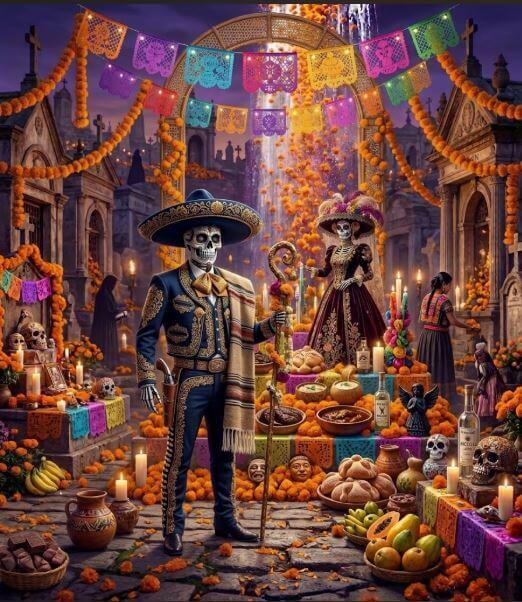 Altar de Día de Muertos con cempasúchil y velas